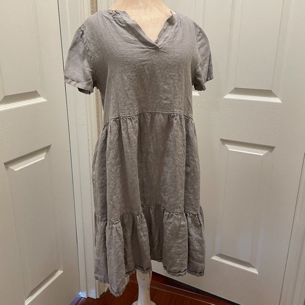 New Francesca Bettini Women's 100% Linen Midi Dress  Size L Gray Tiered Design